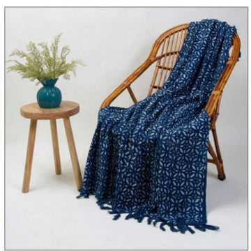 Indigo Handblock Printed Cotton Throw with Tassels | Perfect for Living Room and Bedroom Decor