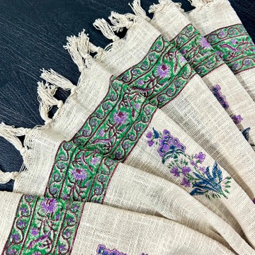Floral Handblock Printed Cotton Throw with Lavender Motif & Green Border | Perfect for Living Room and Bedroom Decor