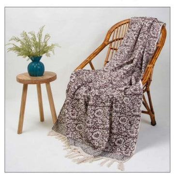 Handcrafted Floral Block Print Cotton Throw with Tassels | Perfect for Living Room and Bedroom Decor