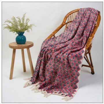 Ethnic Red & Blue Block Printed Cotton Throw | Perfect for Living Room and Bedroom Decor