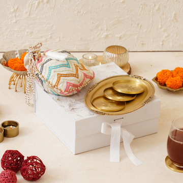 Diwali Gift Box – Handcrafted Brass Tray, Coasters & Potli Combo