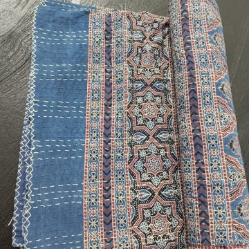 Ajrakh with Kantha Bedcover | Artisan-Made 100% Cotton Bedspread