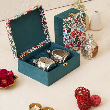 Silver Carving T-Light Holder Set of 2- Gift Box