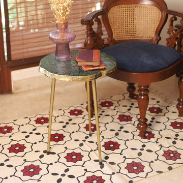Handwoven Beige Cotton Rug with Bold Red Floral Motif and Black Accents – Boho Style Floor Decor