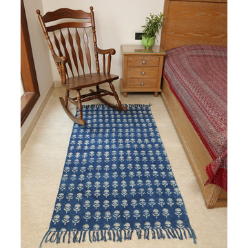 Indigo Bloom Buti Rug – Handwoven Cotton Mat with Floral Motifs