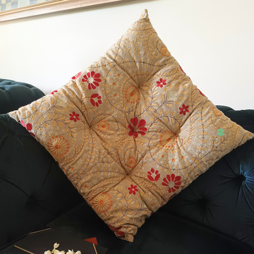 Golden Floral Embroidered Cushion – Festive Brocade Pillow for Sofa or Bed
