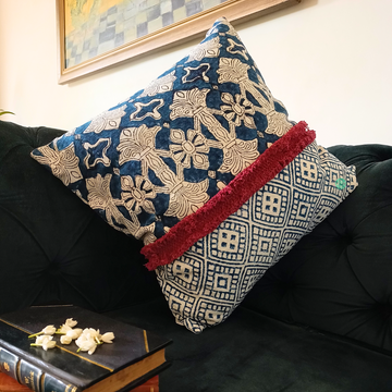 Handcrafted Blue Boho Embroidered Cushion with Red Fringe