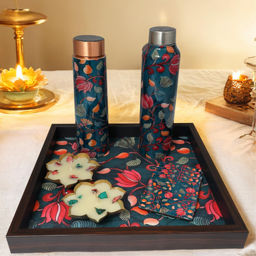 Pichwai Tray, Bottles, Coasters & Diya Gift