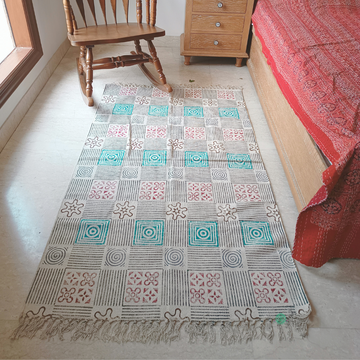Geometric Floral Block Printed Cotton Dhurrie Rug | Handwoven Area Rug for Living Room & Home Decor