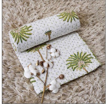 Handcrafted Kids Quilt with Traditional Green Palm Block Print | Soft & Cozy Cotton Quilt for Babies & Toddlers