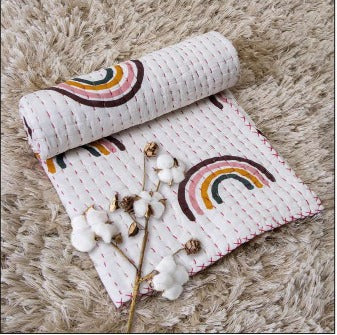 Handcrafted Kids Quilt with Traditional Rainbow Block Print | Soft & Cozy Cotton Quilt for Babies & Toddlers