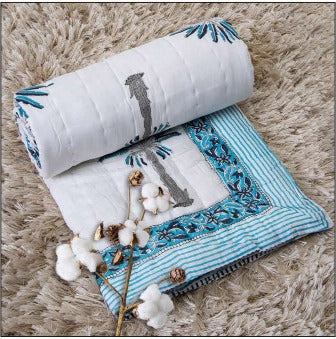 Handcrafted Kids Quilt with Traditional Blue Palm Block Print | Soft & Cozy Cotton Quilt for Babies & Toddlers