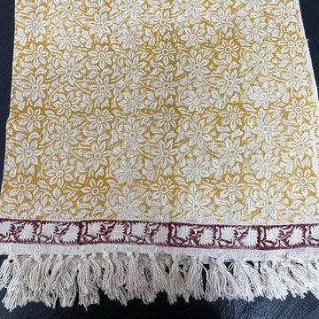 Mustard Floral Block Print Cotton Throw with Tassels | Perfect for Living Room and Bedroom Decor