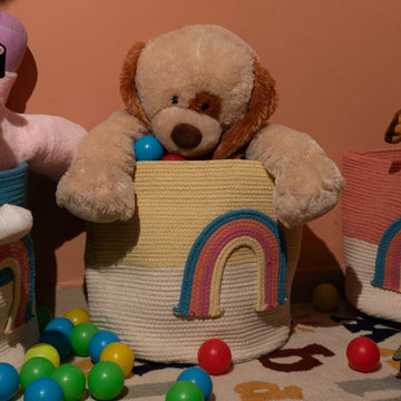Yellow Cotton Rainbow Storage Basket Bag | Kids Room Decor
