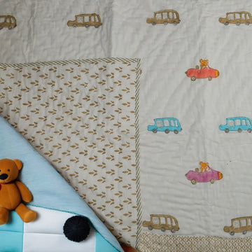 Car Design Handcrafted Block Printed Kids Quilt | Soft & Cozy Cotton Quilt for Babies & Toddlers