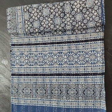 Ajrakh with Kantha Bedcover | Artisan-Made 100% Cotton Bedspread