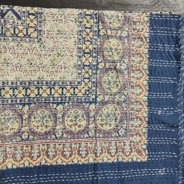 Ajrakh with Kantha Bedcover | Artisan-Made 100% Cotton Bedspread