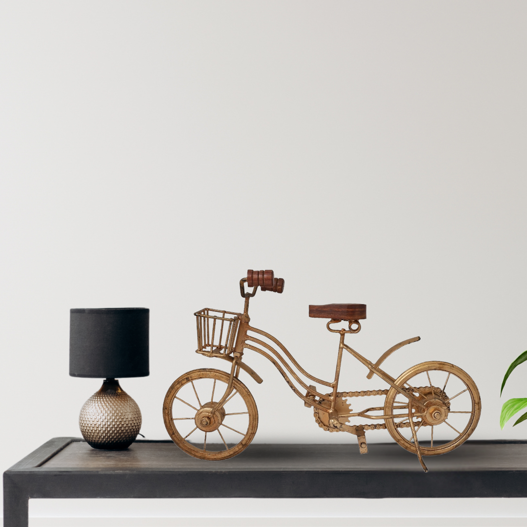 Decorative Golden Wrought Iron Cycle Table Ornament | Modern Metal Bicycle Decor Piece