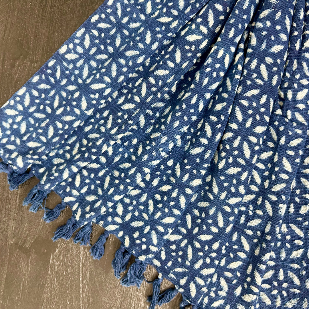 Indigo Handblock Printed Cotton Throw with Tassels | Perfect for Living Room and Bedroom Decor
