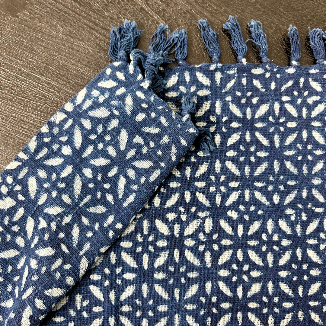 Indigo Handblock Printed Cotton Throw with Tassels | Perfect for Living Room and Bedroom Decor