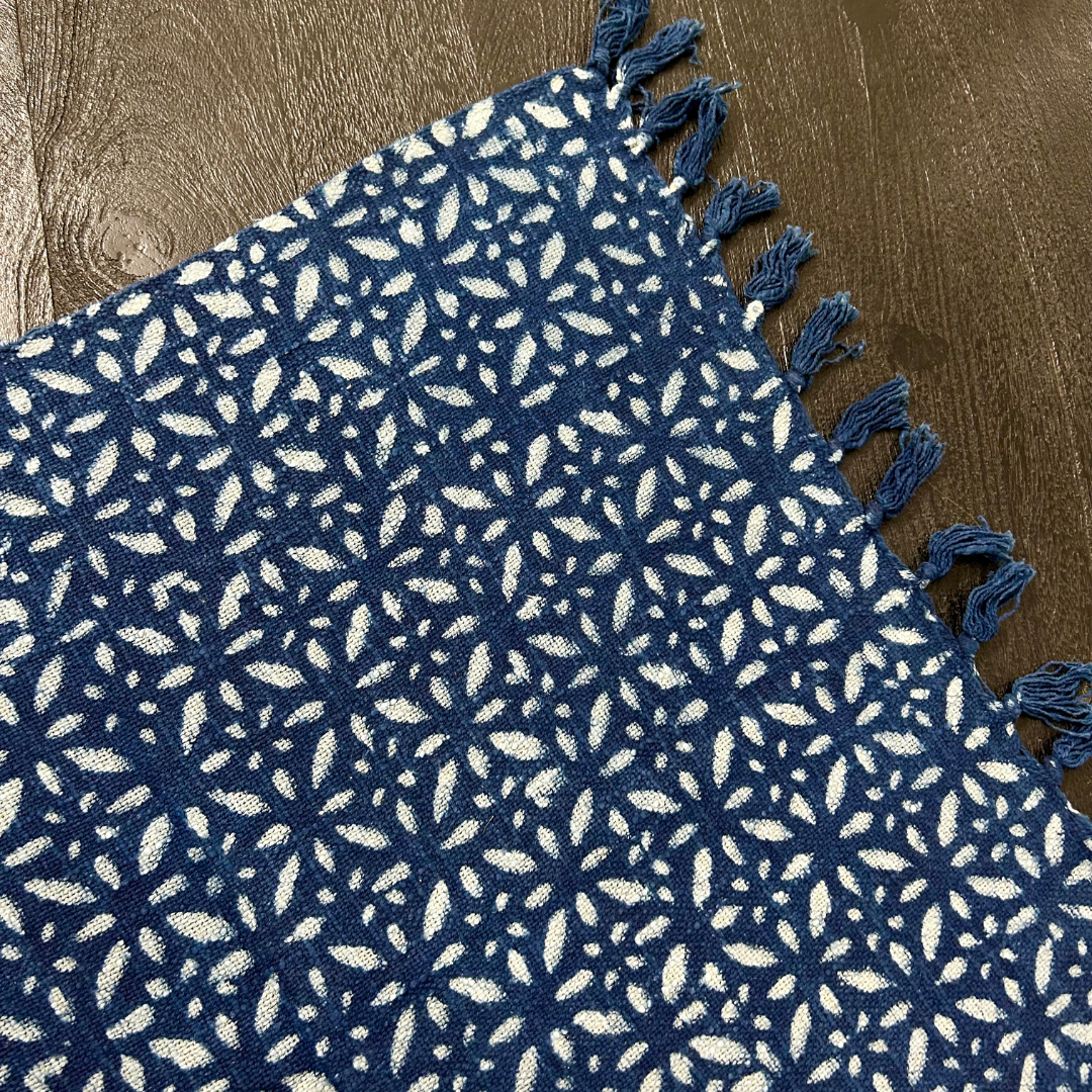 Indigo Handblock Printed Cotton Throw with Tassels | Perfect for Living Room and Bedroom Decor