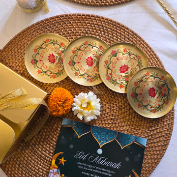 Eid Mubarak Handcrafted Floral Brass Coaster Gift Set (Set of 4) with Festive Packaging
