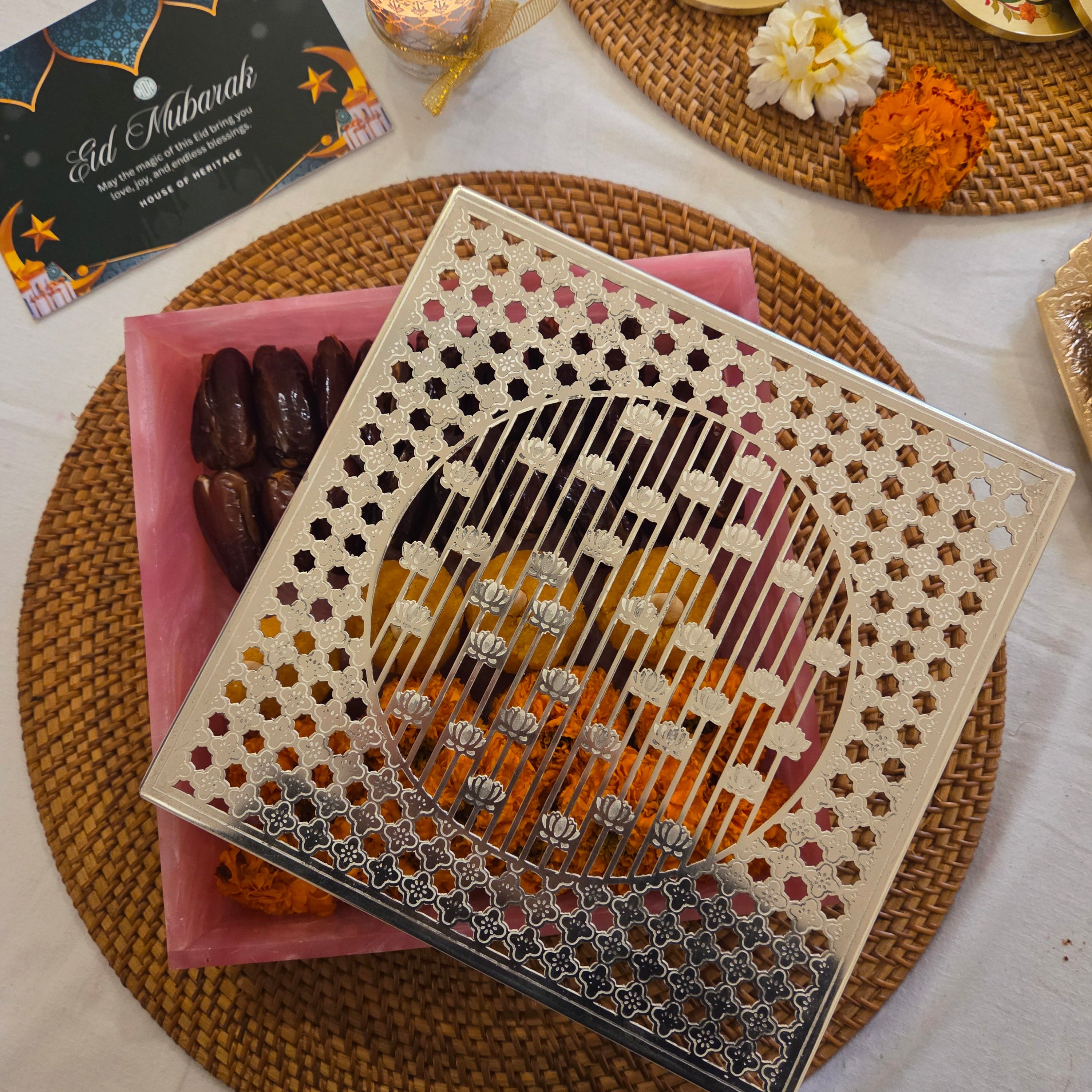 Premium Eid Mubarak Silver Finish Jali Design Gift Box
