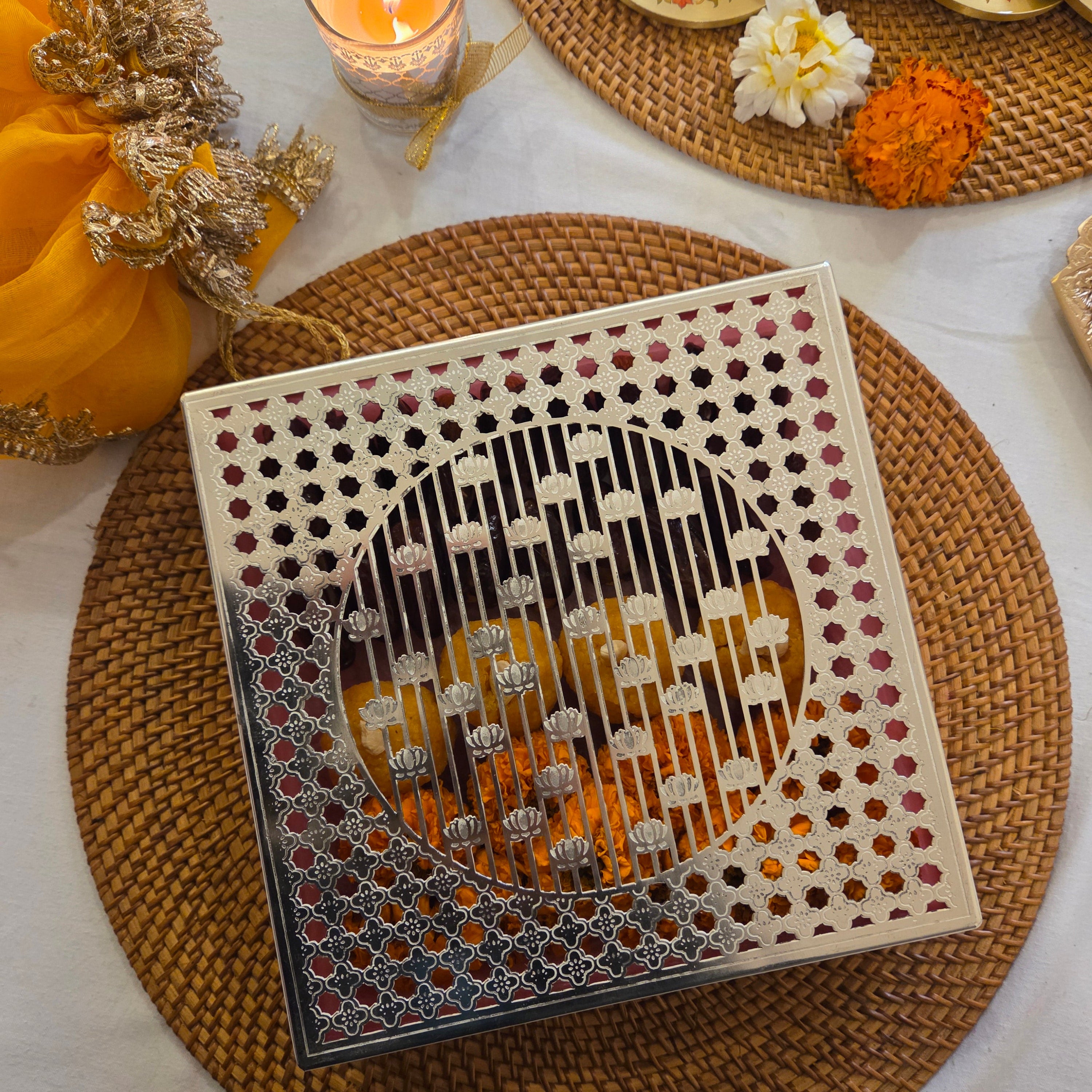 Premium Eid Mubarak Silver Finish Jali Design Gift Box