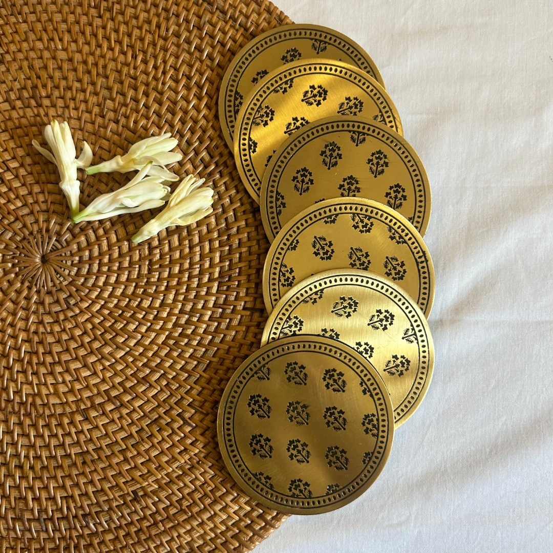 Embossed Brass Coaster | Elegant Drink Coasters for Home & Dining Decor ( Set of 4)