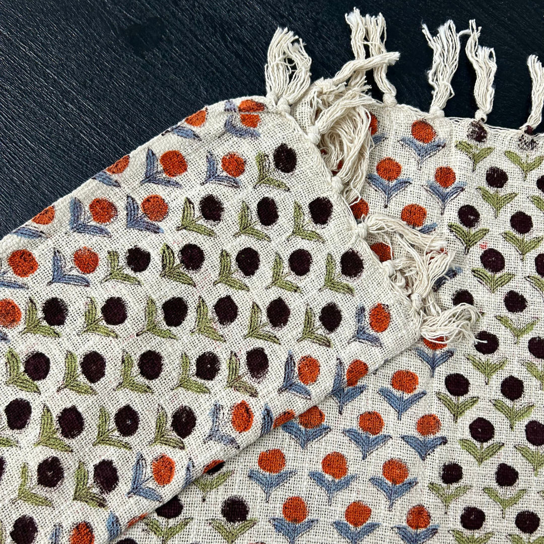 Geometric Dot Handblock Printed Cotton Throw – Orange & Black Motif | Perfect for Living Room and Bedroom Decor