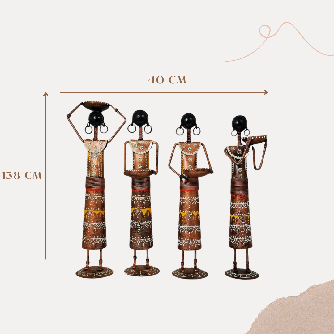 Tribal Lady Farmer Figurine - Handcrafted Ethnic Decor (Set of - 4)