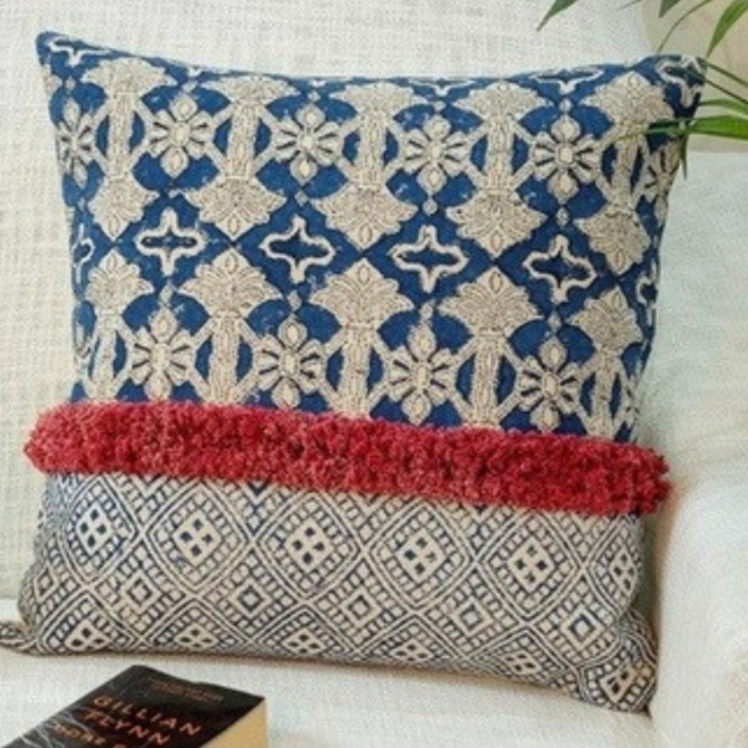 Handcrafted Blue Boho Embroidered Cushion with Red Fringe