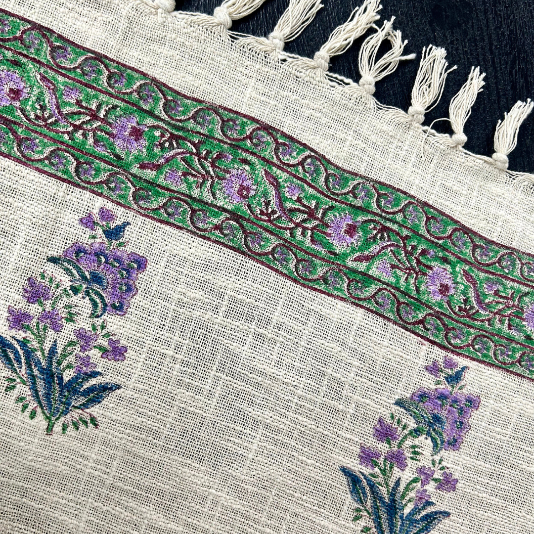 Floral Handblock Printed Cotton Throw with Lavender Motif & Green Border | Perfect for Living Room and Bedroom Decor