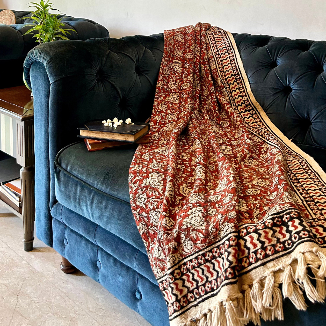Handblock Floral Cotton Throw with Tassels – Vintage Red Sofa Throw | Perfect for Living Room and Bedroom Decor