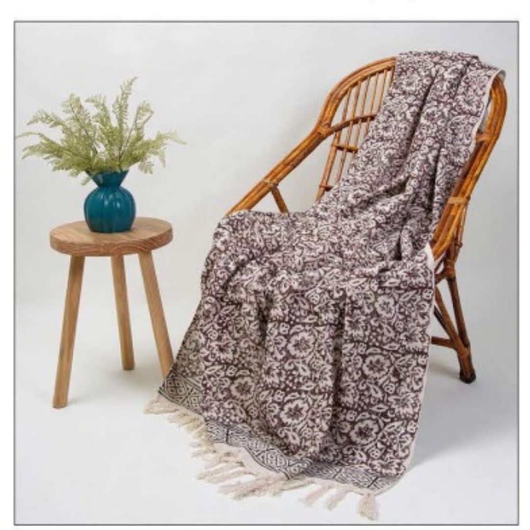Handcrafted Floral Block Print Cotton Throw with Tassels | Perfect for Living Room and Bedroom Decor