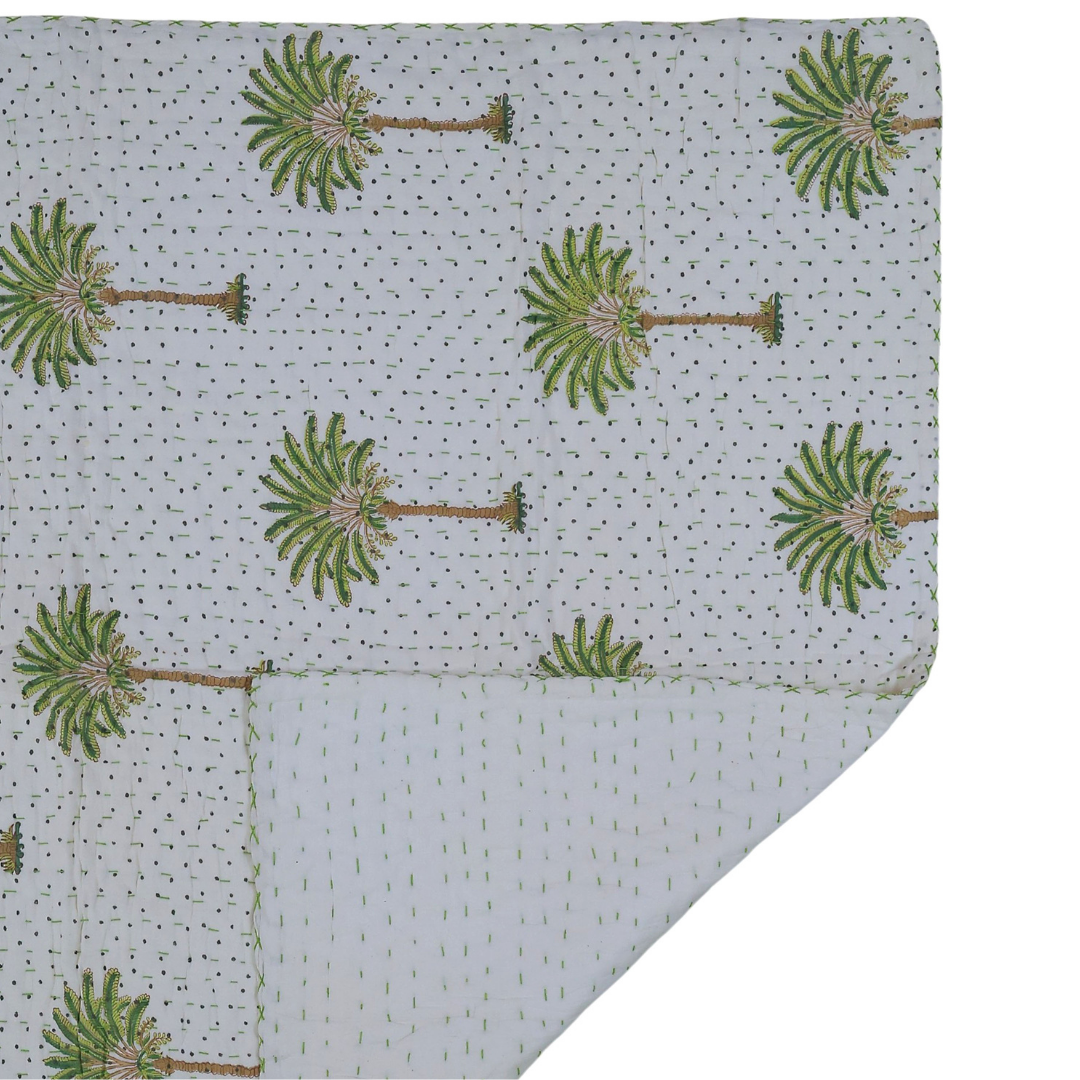 Handcrafted Kids Quilt with Traditional Green Palm Block Print | Soft & Cozy Cotton Quilt for Babies & Toddlers