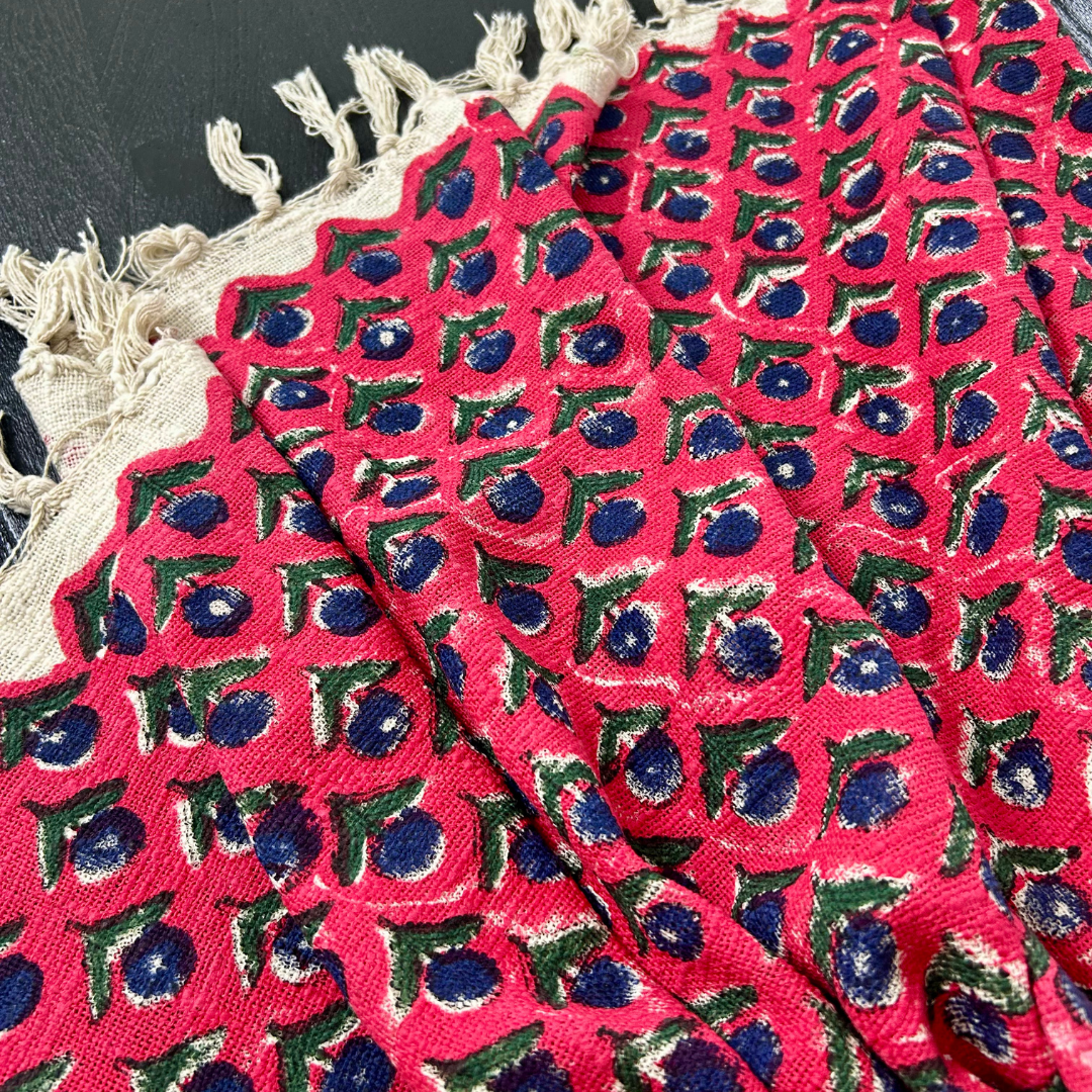 Ethnic Red & Blue Block Printed Cotton Throw | Perfect for Living Room and Bedroom Decor