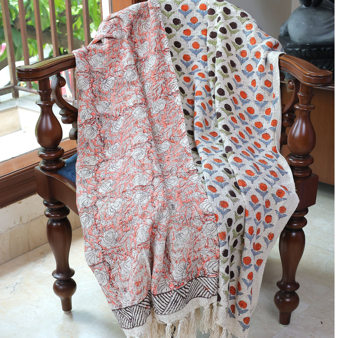 Geometric Dot Handblock Printed Cotton Throw – Orange & Black Motif | Perfect for Living Room and Bedroom Decor