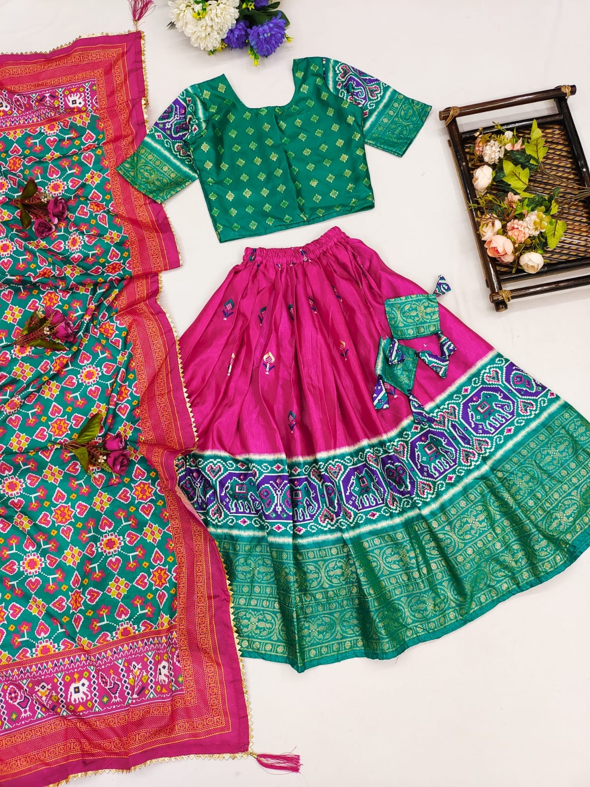 Pink and Green Border Girls Lehenga