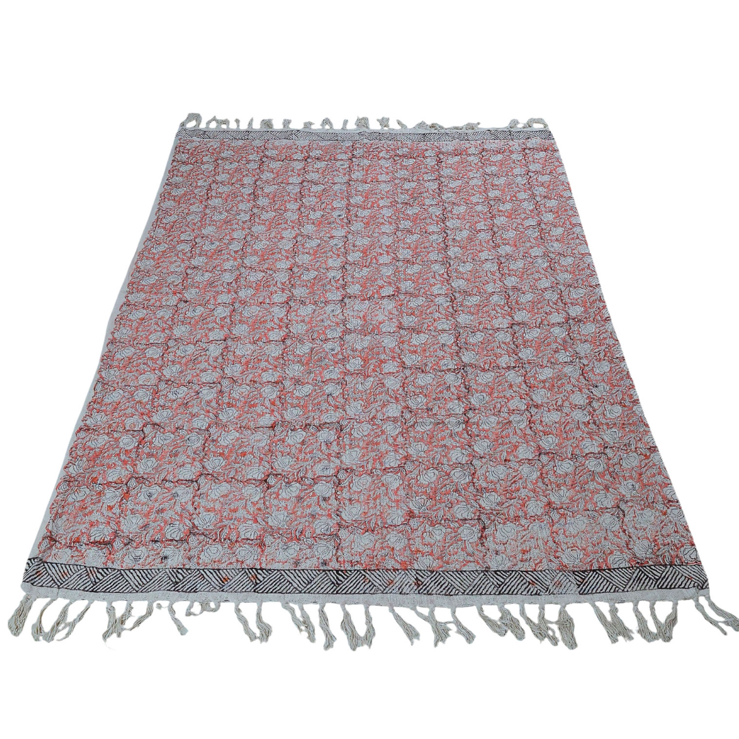 Geometric Dot Handblock Printed Cotton Throw – Orange & Black Motif | Perfect for Living Room and Bedroom Decor