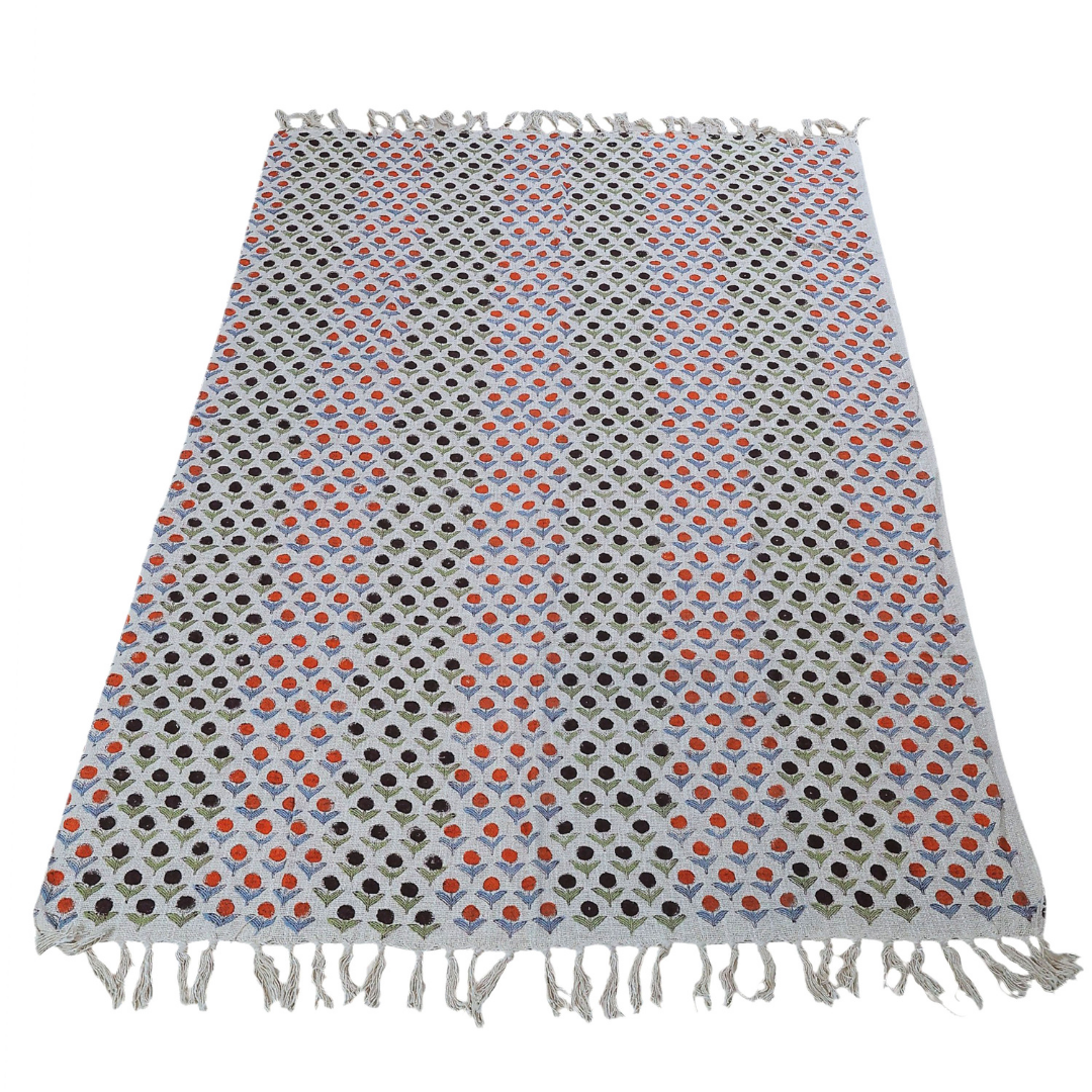 Geometric Dot Handblock Printed Cotton Throw – Orange & Black Motif | Perfect for Living Room and Bedroom Decor