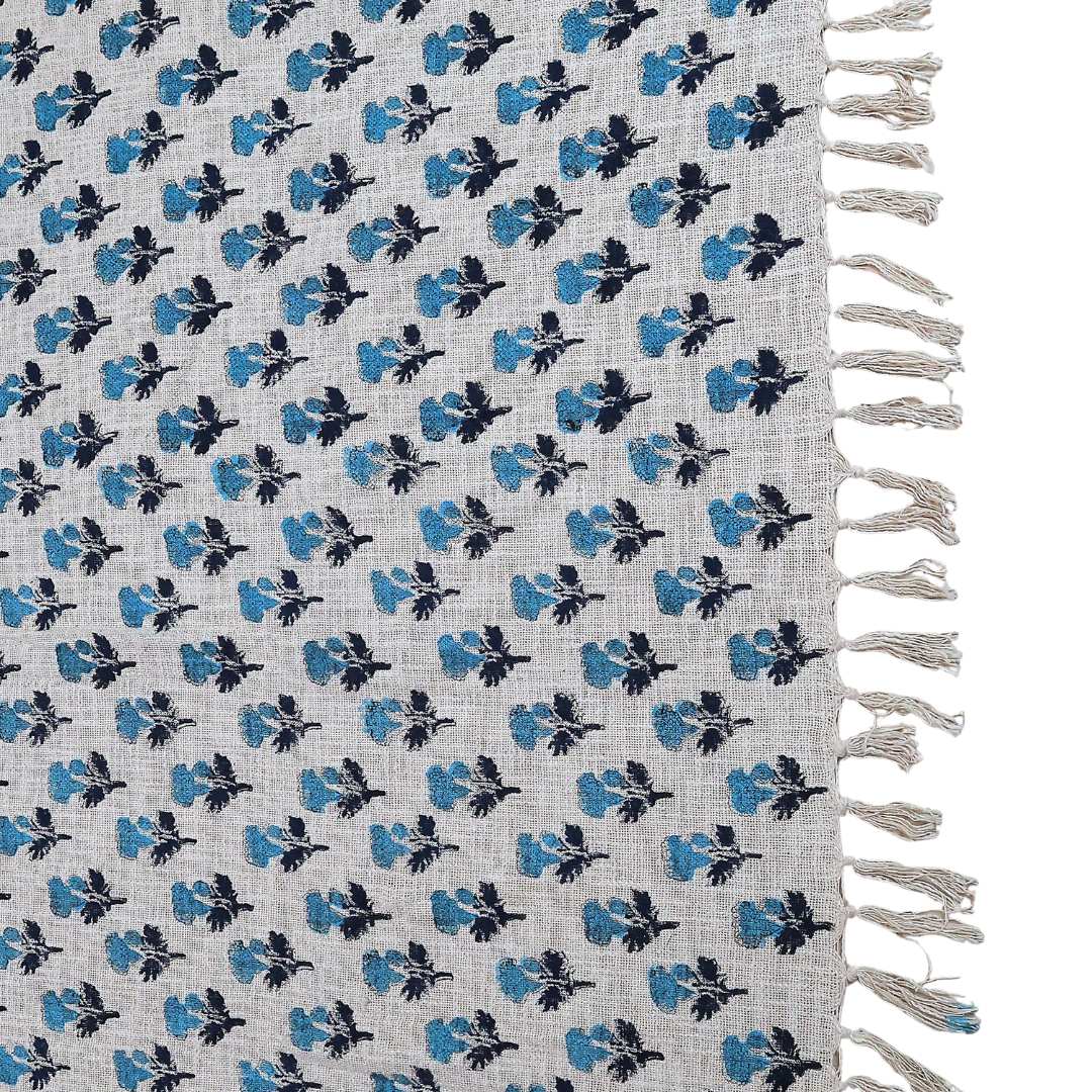 Teal Floral Handblock Printed Cotton Throw with Tassels | Perfect for Living Room and Bedroom Decor