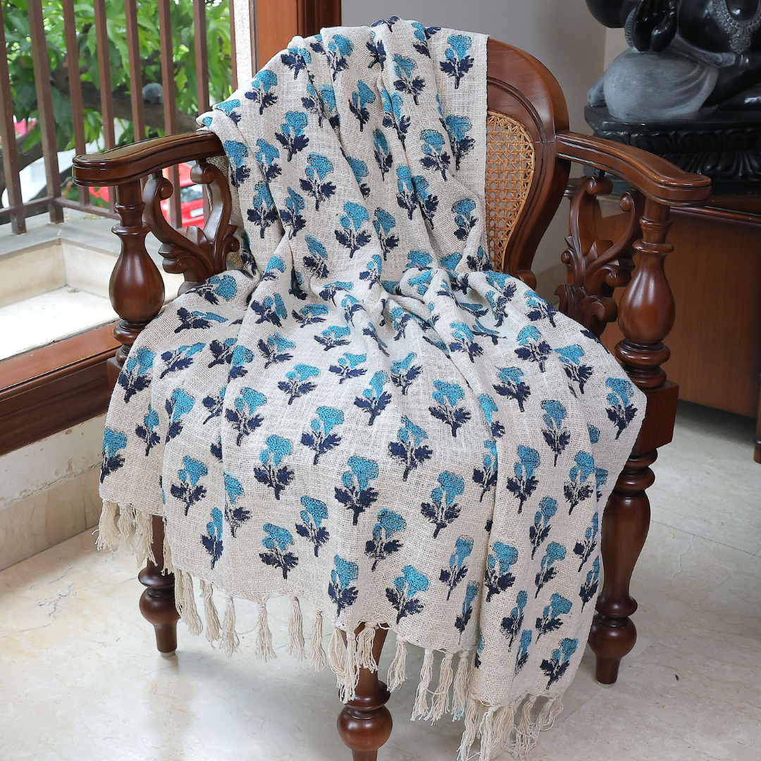 Teal Floral Handblock Printed Cotton Throw with Tassels | Perfect for Living Room and Bedroom Decor