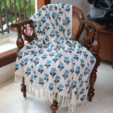 Teal Floral Handblock Printed Cotton Throw with Tassels | Perfect for Living Room and Bedroom Decor