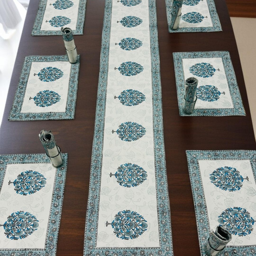 Block Printed Floral Cotton Dining Table Set – Soft & Elegant Table Linen