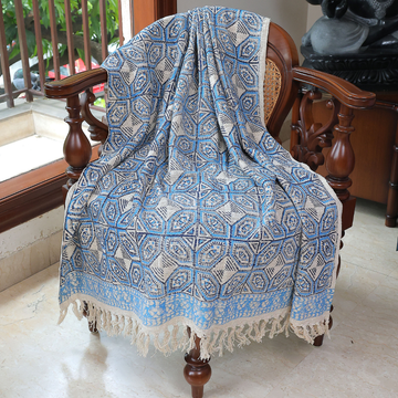 Handcrafted Indigo Blue Geometric Pattern Cotton Throw – Boho Ethnic Style with Tassels | Perfect for Living Room and Bedroom Decor