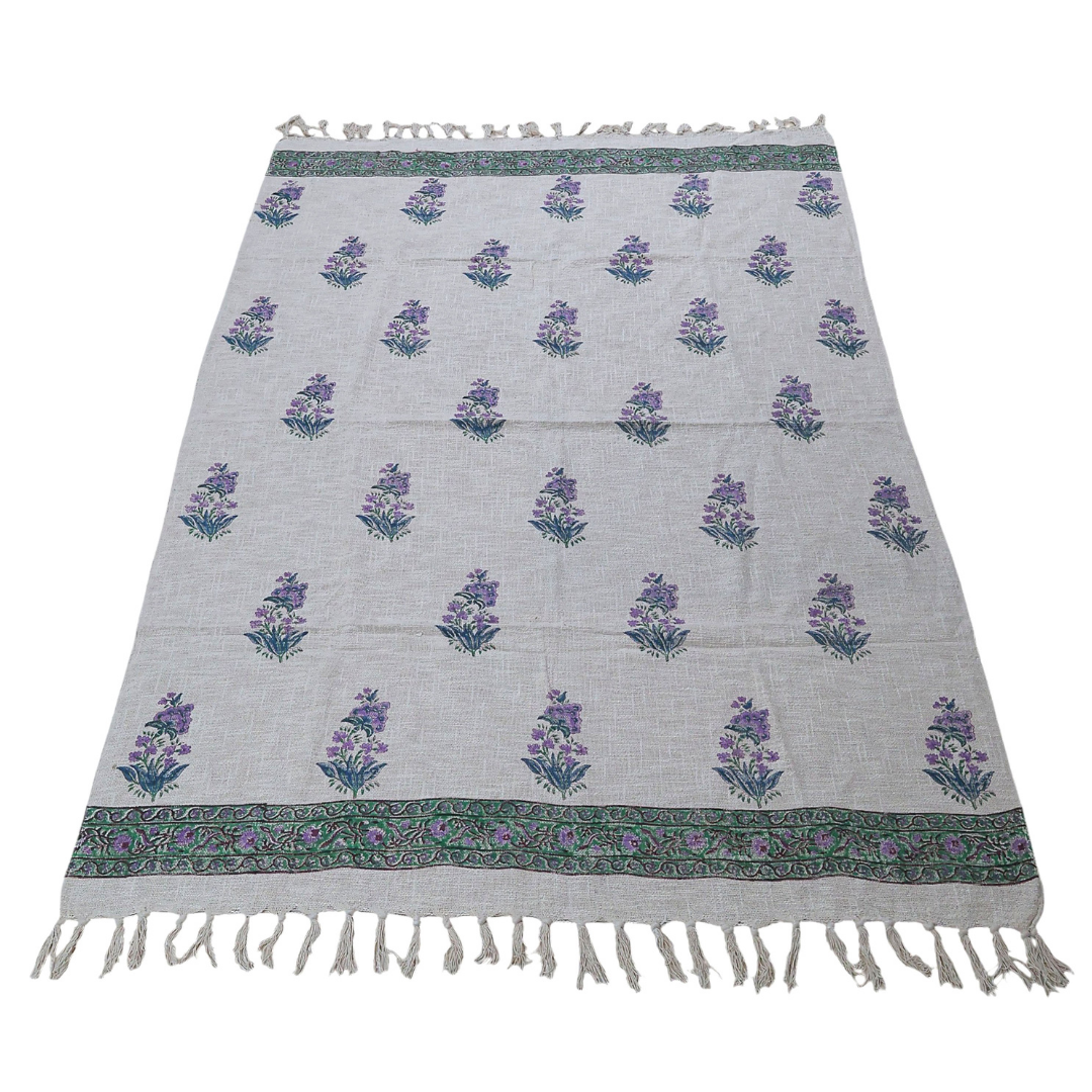 Floral Handblock Printed Cotton Throw with Lavender Motif & Green Border | Perfect for Living Room and Bedroom Decor