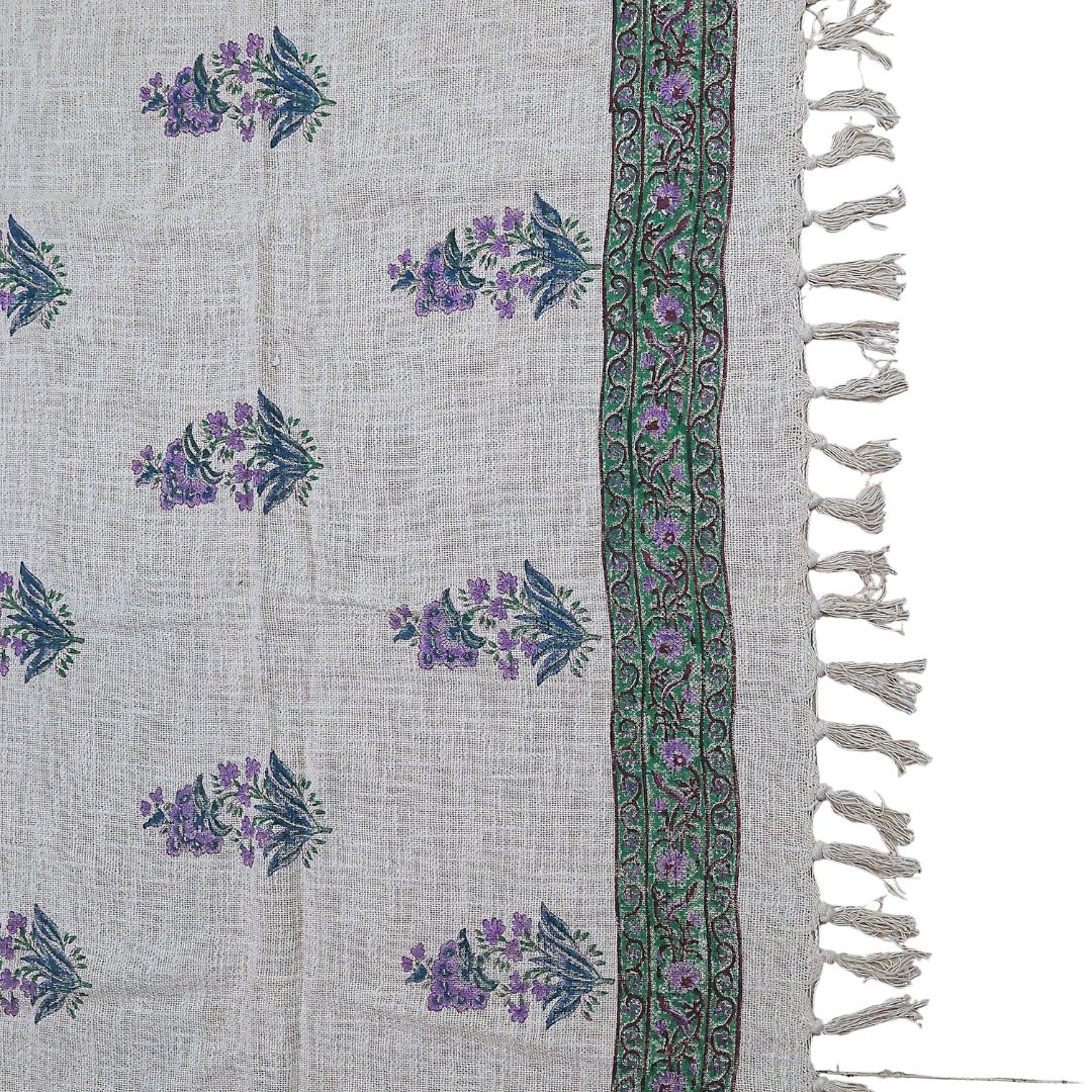 Floral Handblock Printed Cotton Throw with Lavender Motif & Green Border | Perfect for Living Room and Bedroom Decor