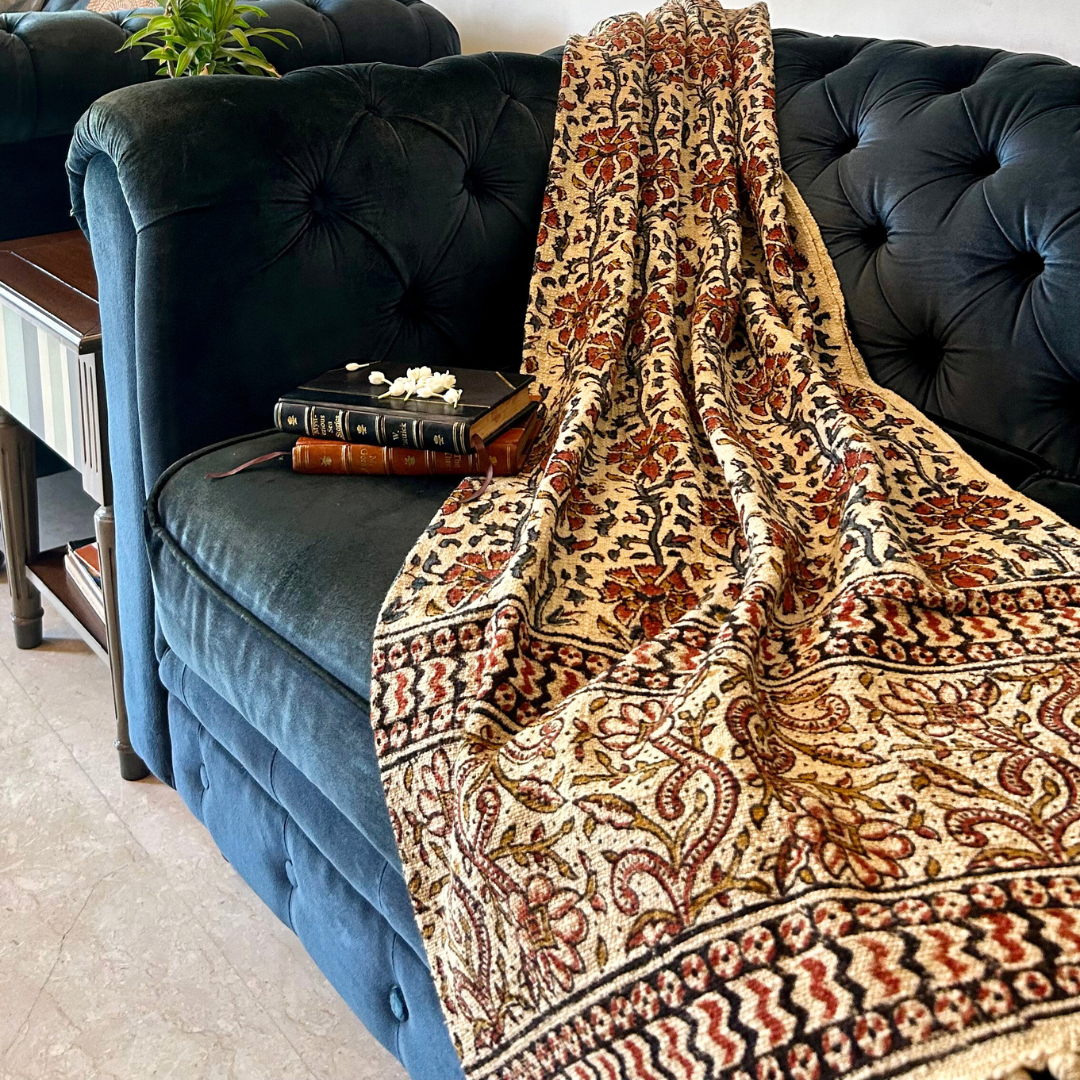 Cotton Maroon and Beige Kalamkari Throw Blanket | Perfect for Living Room and Bedroom Decor