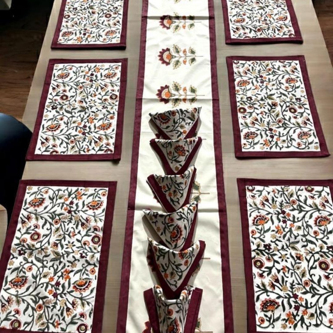 Block Printed Floral Cotton Dining Table Set – Soft & Elegant Table Linen